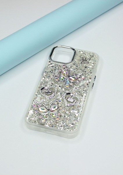 Iphone 13 Kılıf Kelebek Desenli Parlak Simli Kapak modelleri