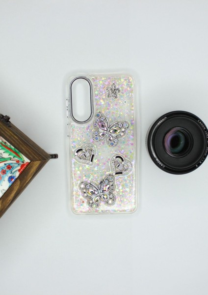 Samsung Galaxy S25 Edge Kılıf Kelebek Desenli Parlak Simli Kapak