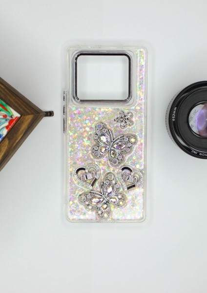 Infinix Note 40 Pro Kılıf Kelebek Desenli Parlak Simli Kapak