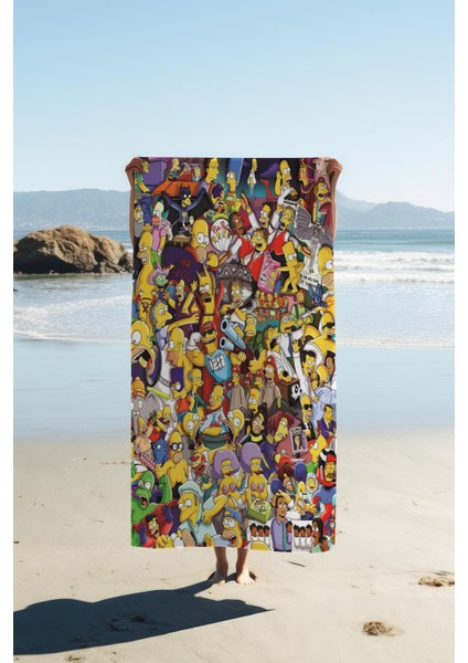 Dijital Baskı Plaj Deniz Havlusu Simpsons Desenli Peştamal HVL0023