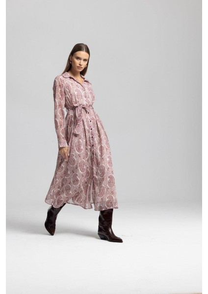 Şal Desen Pembe Şifon Gömlek Elbise