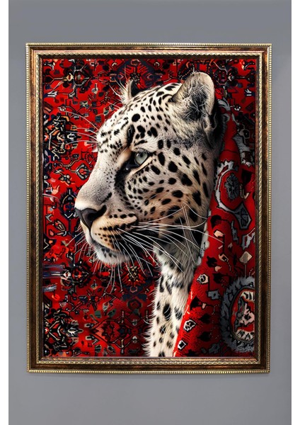 Iran Halısına Sarılmış Leopar Desenli Dijital Baskılı Kadife Kumaş Çerçeveli Tablo TBL0026