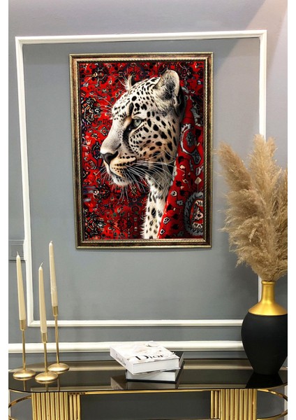 Iran Halısına Sarılmış Leopar Desenli Dijital Baskılı Kadife Kumaş Çerçeveli Tablo TBL0026 fiyatları