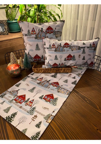 H1263 3lü Karlı Bahçeler Kırlent Runner 3lü Kombin Set