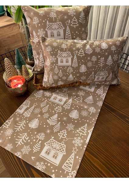 H1257 Bej Mini Evler Ağaçlar Kırlent Runner 3lü Kombin Set