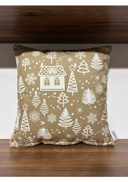 H1257 Bej Mini Evler Ağaçlar Kırlent Runner 3lü Kombin Set fiyatları