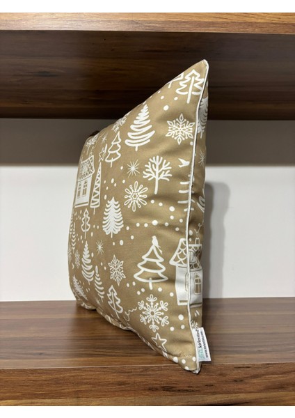 H1257 Bej Mini Evler Ağaçlar Kırlent Runner 3lü Kombin Set modelleri