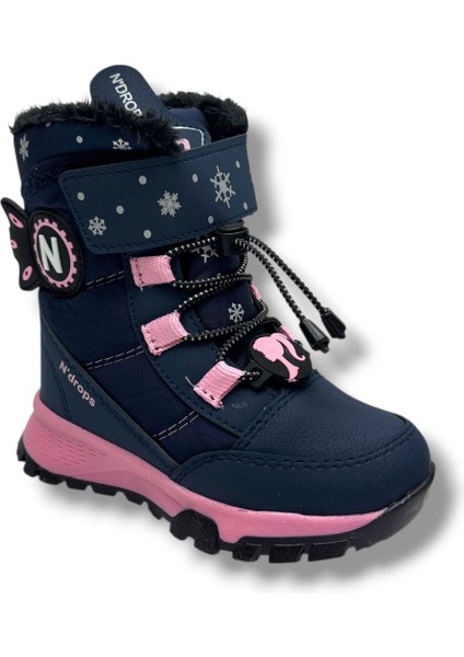 014-26 Deri Kürklü Paraşüt Kumaş Kız Çocuk Bot Lacivert Pembe 26-30