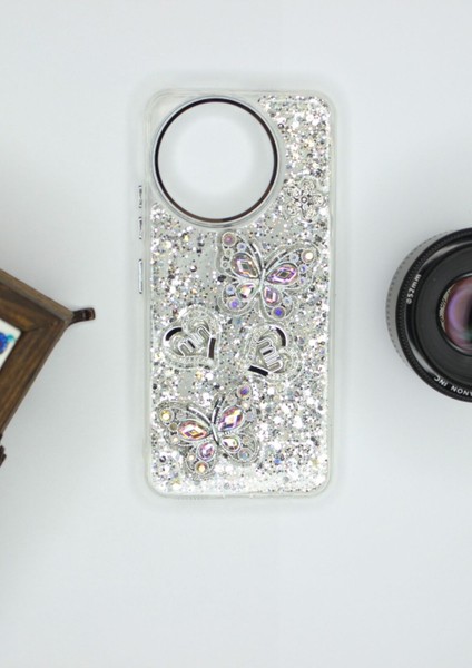 Tecno Camon 30 Kılıf Kelebek Desenli Parlak Simli Kapak