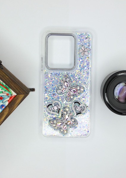 Vivo Y36 Kılıf Kelebek Desenli Parlak Simli Kapak