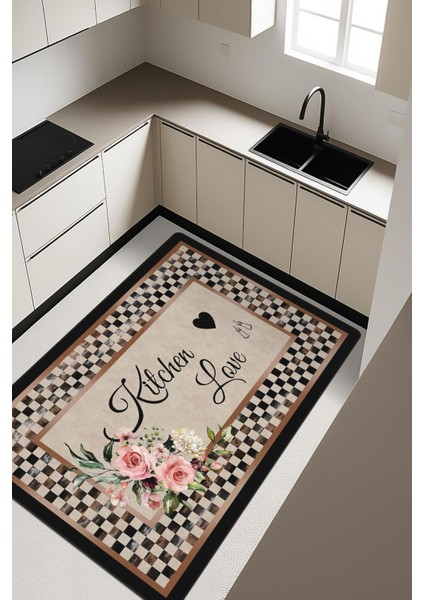 Kitchen Love Desenli Dijital Baskı Kaymaz Taban Mutfak Halısı H0031
