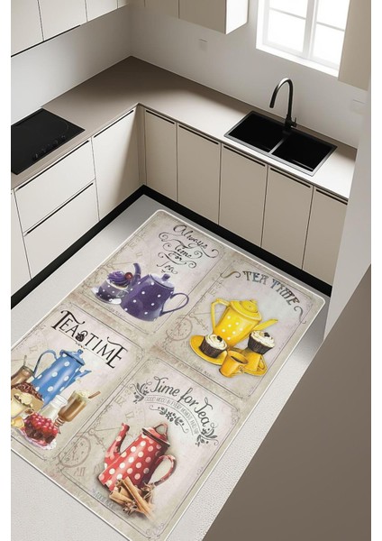 Tea Time Çay Saati Desenli Dijital Baskı Kaymaz Taban Mutfak Halısı H0042
