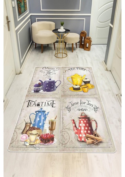 Tea Time Çay Saati Desenli Dijital Baskı Kaymaz Taban Mutfak Halısı H0042 fiyatları