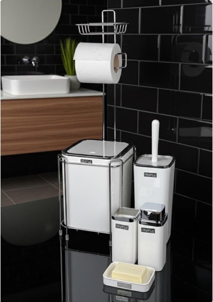 Beyaz Kare Kromlu Yedekli Wc Kağıtlık ve 6 Parça Banyo Seti