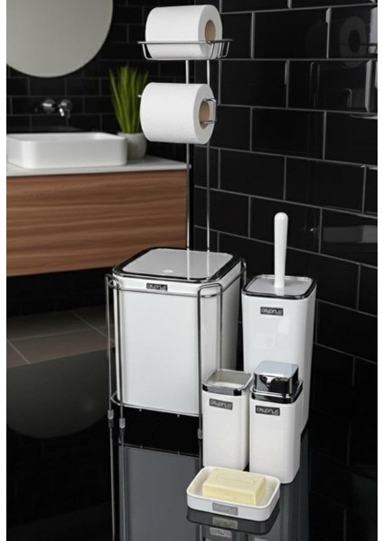 Beyaz Kare Kromlu Yedekli Wc Kağıtlık ve 6 Parça Banyo Seti fiyatları