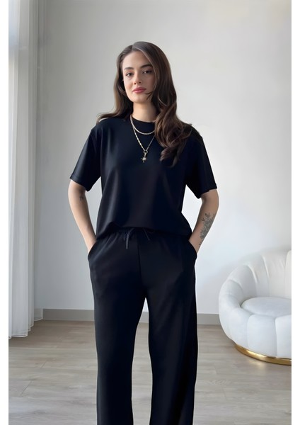 Kadın Kısa Kollu Modal Penye Yüksek Bel Bol Paça Alt-Üst Takım