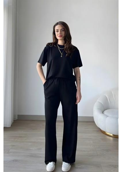 Kadın Kısa Kollu Modal Penye Yüksek Bel Bol Paça Alt-Üst Takım modelleri