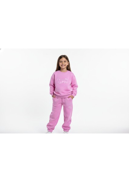 3 Iplik Garson Şardonlu Kabartmalı Baskı Pembe Kombin 1