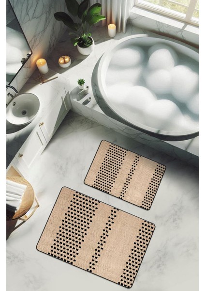 Yıkanabilir Kaymaz Tabanlı Modern Desenli 2'li Banyo Paspas Takımı BPS0040