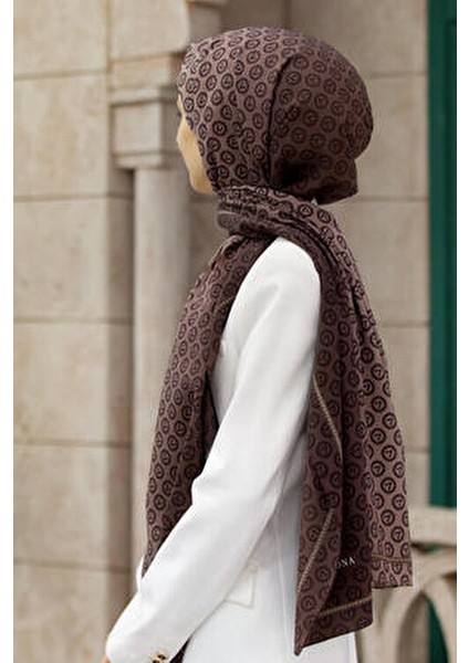 Lüks Medine Ipeği Monogram Desenli Vizon Renkli 75X195 Kırışmaz Şal Moss Krep Dikiş Tipi Italyan Dik