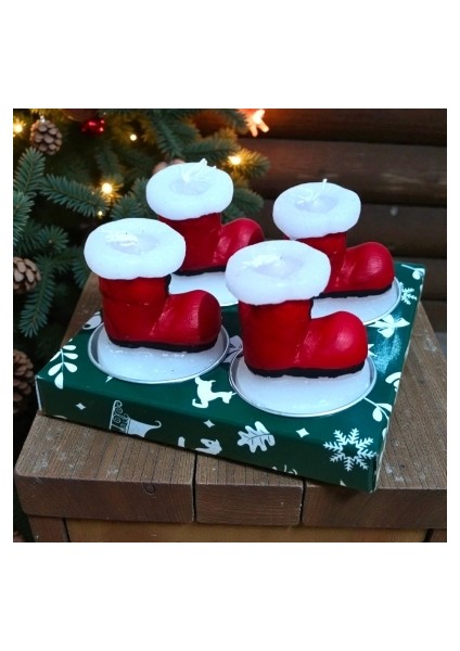 4 Adet Yılbaşı Pabucu Mum Noel Ayakkabı Mumu Dekoratif Kırmızı Mum