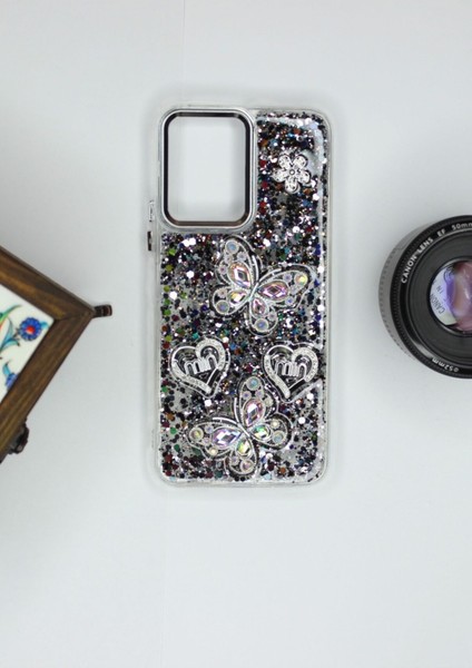Vivo Y16 Kılıf Kelebek Desenli Parlak Simli Kapak