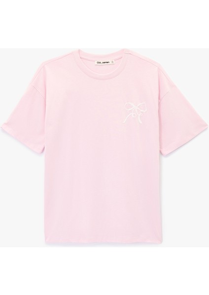 Kısa Kollu Pamuklu Bisiklet Yaka Arkası Baskılı Oversize Tişört