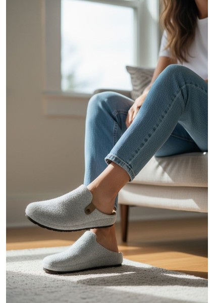Tam Ortopedik Keçe Kadın Rahat ve Hafif Şık Gri Ev Terliği modelleri