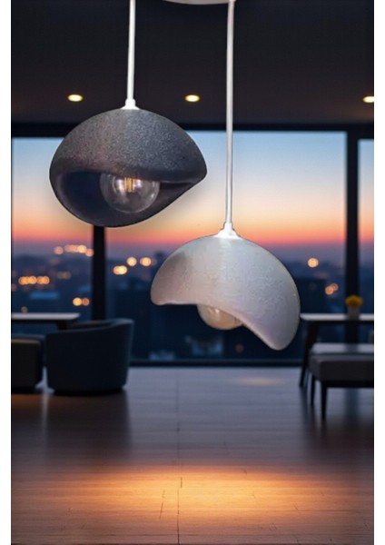 Siyah ve Gri Dekoratif 2 Li Sarkıt Avize Bohem Beton Görünüm Rustik E27 Modern Avize (Ampul Hediye)