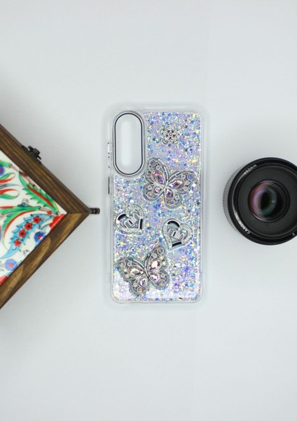 Oppo A60 Kılıf Kelebek Desenli Parlak Simli Kapak