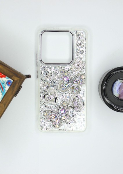 Xiaomi Mi 14T Pro Kılıf Kelebek Desenli Parlak Simli Kapak