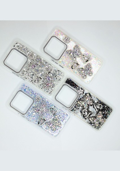 Xiaomi Mi 14T Pro Kılıf Kelebek Desenli Parlak Simli Kapak