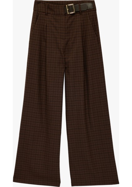 Yüksek Bel Kemer Detaylı Ekoseli Geniş Paça Pantolon