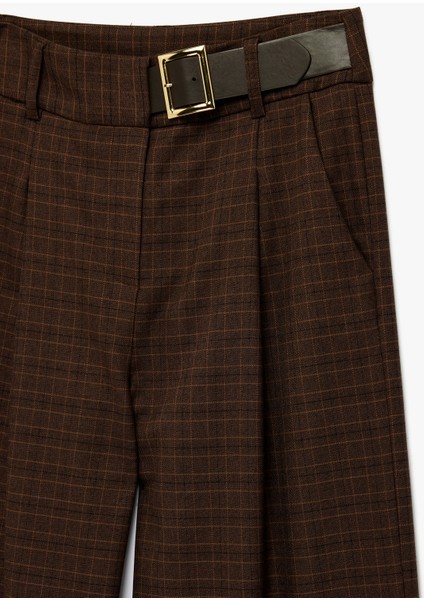 Yüksek Bel Kemer Detaylı Ekoseli Geniş Paça Pantolon modelleri