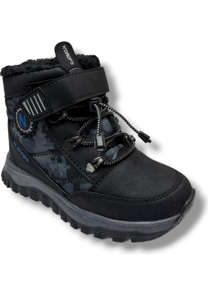 015-26 Deri Kürklü Kamuflaj Paraşüt Kumaş Çocuk Bot Siyah Sax 31-35