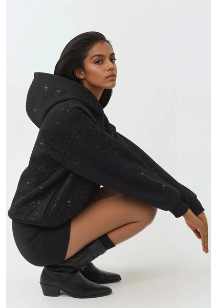 Kadın Simli Kapüşonlu Sweatshirt Siyah
