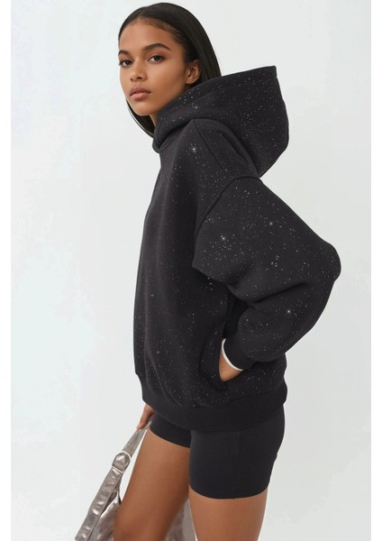 Kadın Simli Kapüşonlu Sweatshirt Siyah fiyatları