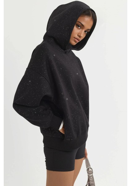 Kadın Simli Kapüşonlu Sweatshirt Siyah fırsatları