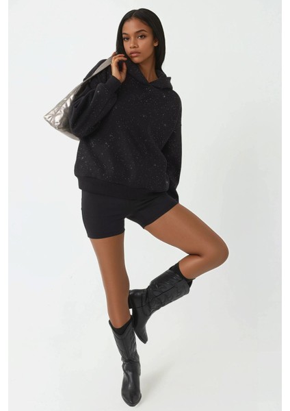 Kadın Simli Kapüşonlu Sweatshirt Siyah indirimleri