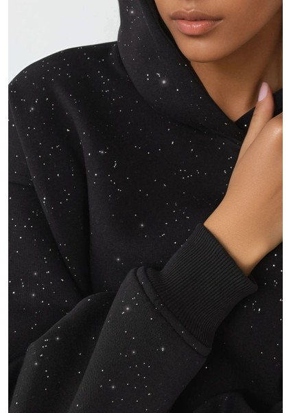 Kadın Simli Kapüşonlu Sweatshirt Siyah