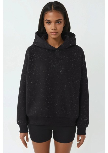 Kadın Simli Kapüşonlu Sweatshirt Siyah