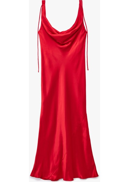 Kolsuz Degaje Yaka Viskon Karışımlı Saten Uzun Abiye Elbise