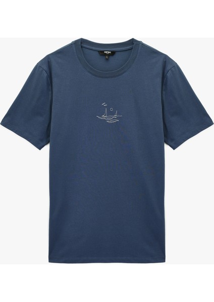 Kısa Kollu Bisiklet Yaka Pamuklu Nakışlı Slim Fit Tişört