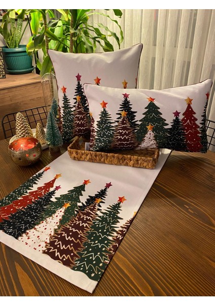 H1264 Renkli Çam Ağaçları Kırlent Runner 3lü Kombin Set