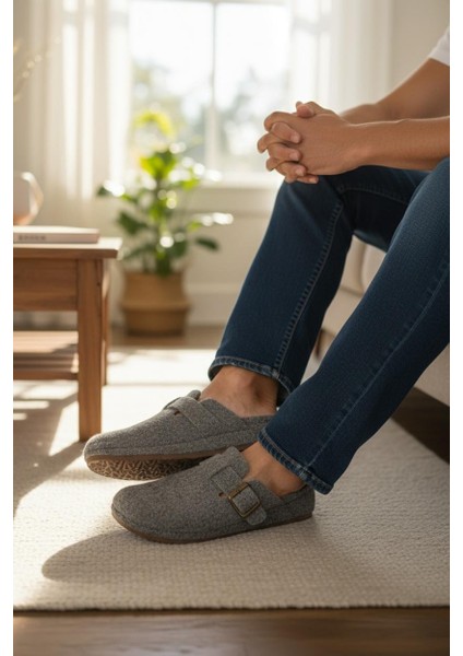 Tam Ortopedik Keçe Erkek Rahat ve Hafif Şık Füme Ev Terliği