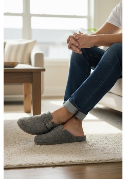 Tam Ortopedik Keçe Erkek Rahat ve Hafif Şık Füme Ev Terliği