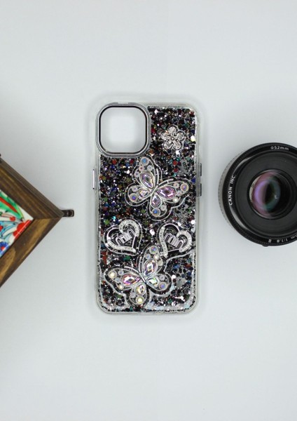 Iphone 11 Kılıf Kelebek Desenli Parlak Simli Kapak