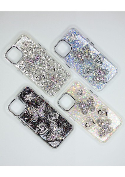 Iphone 11 Kılıf Kelebek Desenli Parlak Simli Kapak