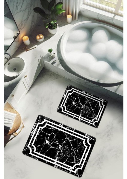 Yıkanabilir Kaymaz Tabanlı Modern Desenli 2'li Banyo Paspas Takımı BPS0015