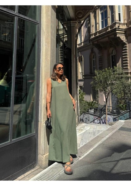 Haki Maxi Boy Keten Görünümlü Elbise